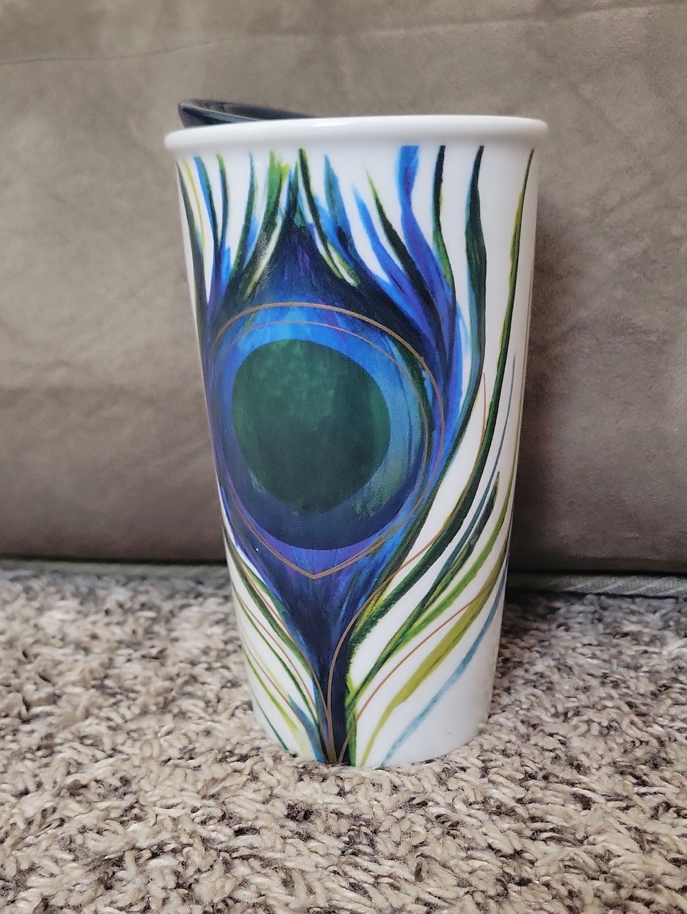 STARBUCKS Ceramic Tumbler with Blue & Green Peacock Feather. 12oz